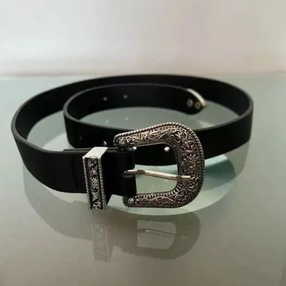 Japanese vintage floral engraved buckle leather black belt